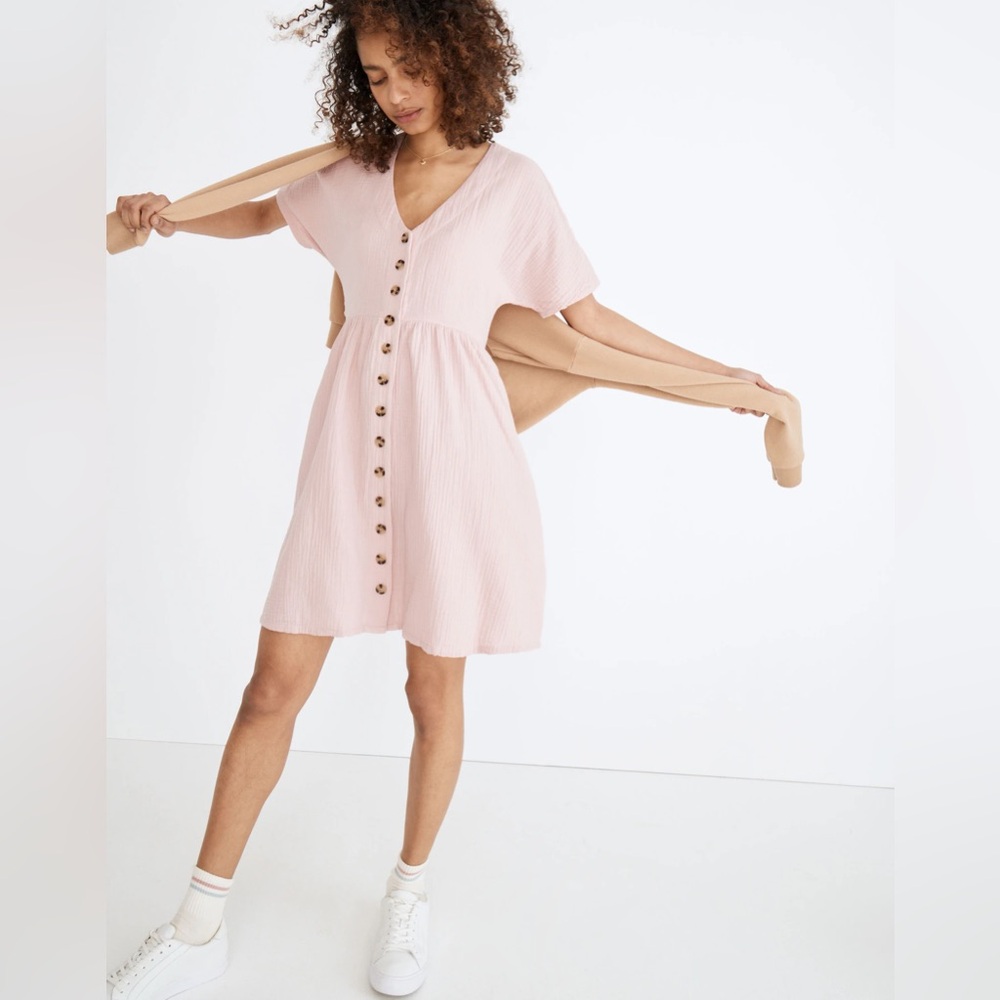 Madewell Lightspun Gauze Button Front Mini Dress in Pink, size Small